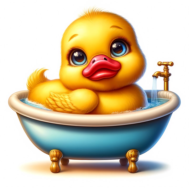 Peut inclure: Un canard en caoutchouc jaune prend un bain dans une baignoire bleue avec des pieds dor&eacute;s. Un robinet dor&eacute; coule de l'eau dans la baignoire.