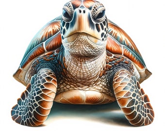May include: A close-up of a sea turtle with a brown, green, and blue shell. The turtle is looking directly at the camera with its mouth slightly open.