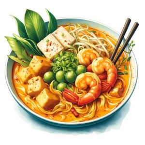 Puede incluir: Un bol de fideos de curry amarillo con tofu, gambas y guisantes verdes. Los fideos están cubiertos con cilantro fresco y unas ramitas de cebolla verde.