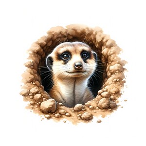 Könnte beinhalten: Ein Erdmännchen mit braunem Fell und einer weißen Brust schaut aus einem Loch im Boden. Das Erdmännchen hat dunkle Augen und eine schwarze Nase. Der Boden um das Loch herum ist braun und strukturiert.