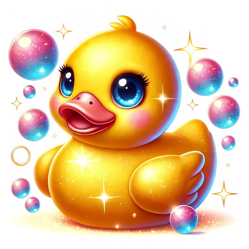 May include: A yellow rubber duck with sparkling glitter, big blue eyes, and a pink beak. The duck is surrounded by iridescent bubbles.