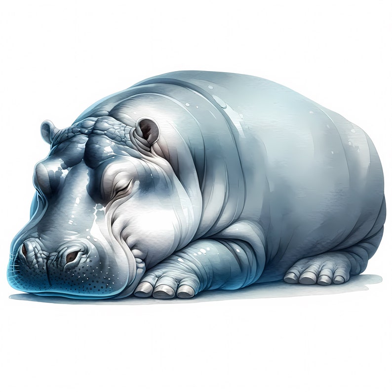 May include: A close-up of a sleeping hippopotamus with a light gray and blue color scheme. The hippopotamus is lying on its side with its head resting on its front legs.
