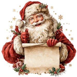 May include: Watercolor illustration of Santa Claus with a white beard, red suit, and hat. He holds a scroll and gives a thumbs-up. Gold snowflakes and holly sprigs decorate the image, creating a festive holiday theme.