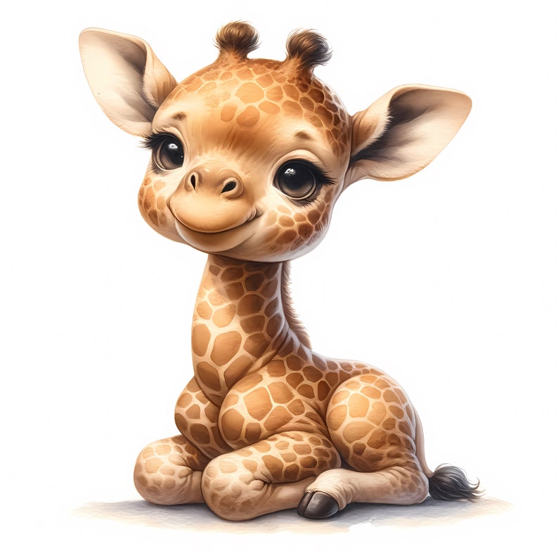 Op de afbeelding: Een schattige cartoon giraffe met grote, expressieve ogen en een zachte glimlach. De giraffe zit, met een kenmerkend bruin en beige gevlekt patroon. De stijl is zacht en uitnodigend, perfect voor kinderproducten.