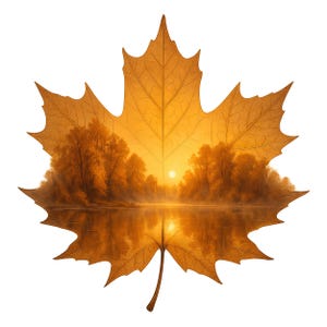 May include: A detailed golden maple leaf, featuring a tranquil landscape scene. The image within the leaf shows a sunset over a calm lake, with trees along the banks. The overall effect is a warm, autumnal aesthetic.