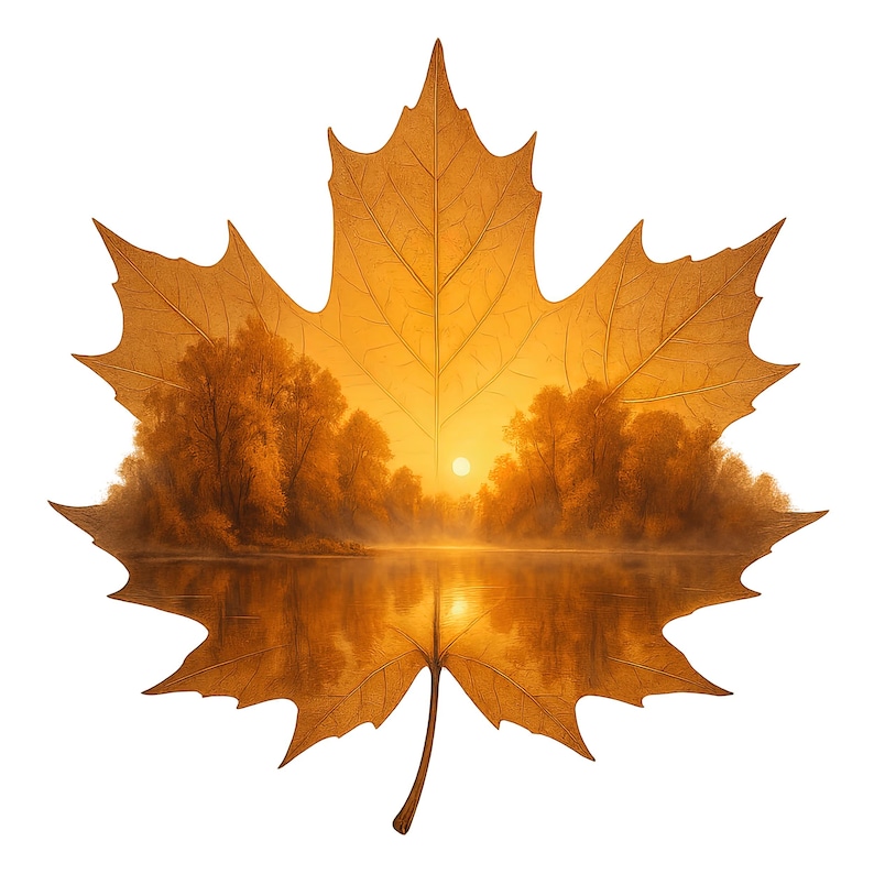 May include: A detailed golden maple leaf, featuring a tranquil landscape scene. The image within the leaf shows a sunset over a calm lake, with trees along the banks. The overall effect is a warm, autumnal aesthetic.