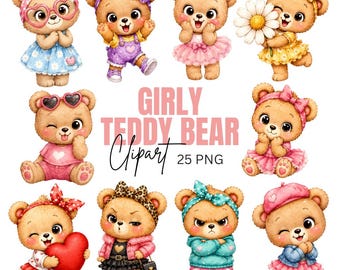 Girly Teddy Bear Clipart: Adorable Teddies Graphics, Nursery Baby Shower (Digital Download) 25 PNG