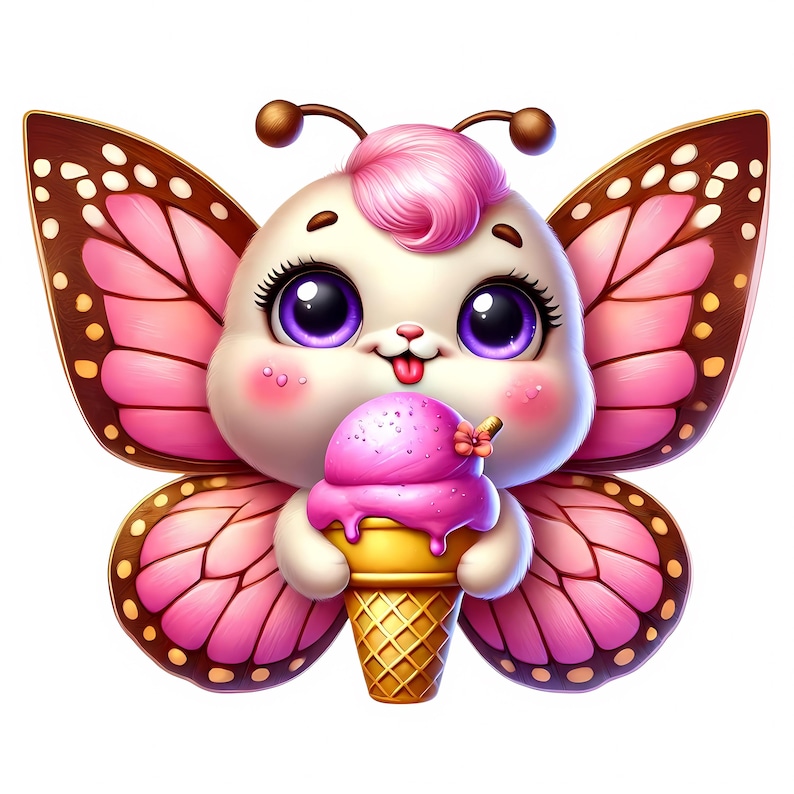 Puede incluir: Una linda mariposa de dibujos animados con alas rosadas y manchas marrones sostiene un cono de helado rosa y blanco.