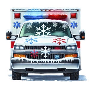 May include: A white ambulance with red and blue lights, covered in snow and decorated with snowflakes. The ambulance has a red cross symbol on the side.