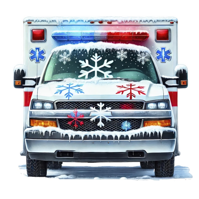 May include: A white ambulance with red and blue lights, covered in snow and decorated with snowflakes. The ambulance has a red cross symbol on the side.