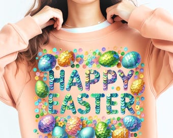 Glitter Happy Easter PNG: Retro Bunny, Floral Spring (Digital Download)