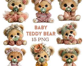 Baby Teddy Bear Clipart: Baby Shower Graphics, Nursery Decor (Digital Download) 15 PNG Files