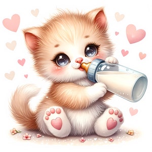 Gattino con biberon Clipart - 12 JPG di alta qualità - Baby Shower, creazione di biglietti, decorazioni per la cameretta dei bambini, artigianato di carta digitale, licenza commerciale
