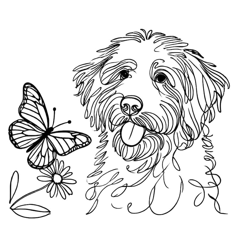 May include: Black and white line drawing of a dog with its tongue sticking out, looking to the right. A butterfly is flying to the left of the dog.