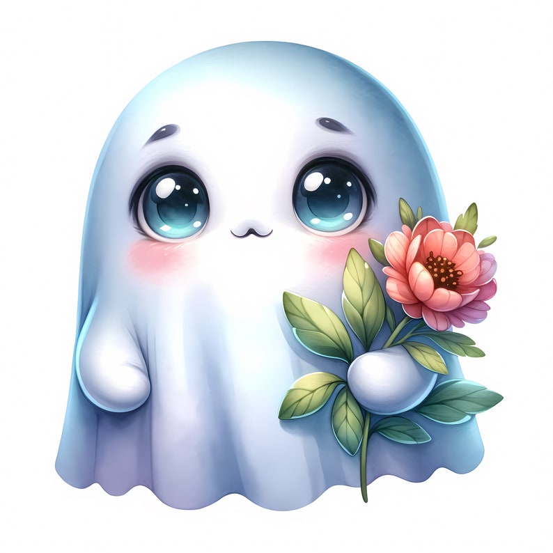 May include: A cute cartoon ghost with big blue eyes and a rosy blush holds a pink flower with green leaves.