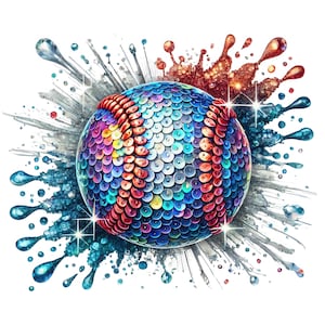 Op de afbeelding: Een kleurrijke baseball met iriserende pailletten, omringd door blauwe en oranje verfspatten.