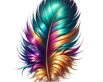 May include: A colorful feather with a teal, pink, and gold gradient. The feather is detailed with a realistic texture and is isolated on a white background.