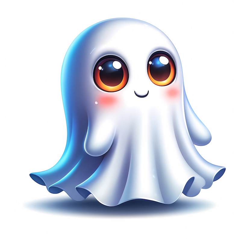 May include: A cute white ghost with big, round eyes and a small smile. The ghost has a light blue glow around it and is floating in the air.