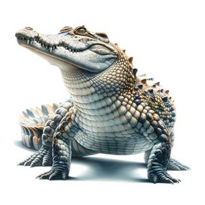 May include: A close-up of a small crocodile with a light gray and brown patterned skin. The crocodile is looking up and has its mouth closed. The crocodile is on a white background.