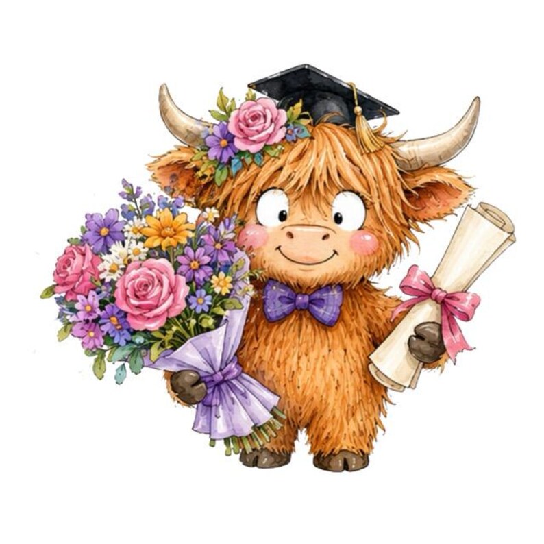 Graduation Highland Cow Clipart: Watercolor Cows With Cap & Books ...
