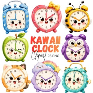 May include: A collection of nine cartoon clocks with faces, including a blue alarm clock, a pink heart-shaped clock, a yellow bee clock, a green apple clock, a purple owl clock, a cat clock, a cloud clock with a rainbow, and a teal clock. Text reads KAWAI CLOCK Clipart 23 PNG.