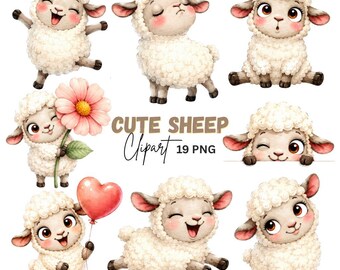 Kawaii Sheep Clipart, Adorable Baby Sheep graphics, Nursery Art (Digital Download) 19 PNG