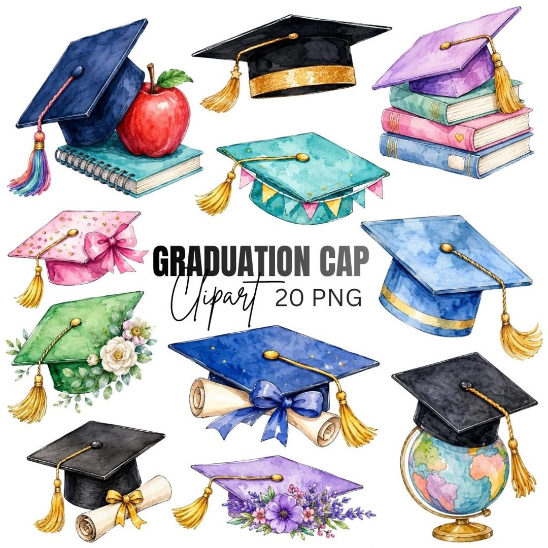 Watercolor Graduation Cap Clipart, School Graduate Graphics, Grad Hat ...
