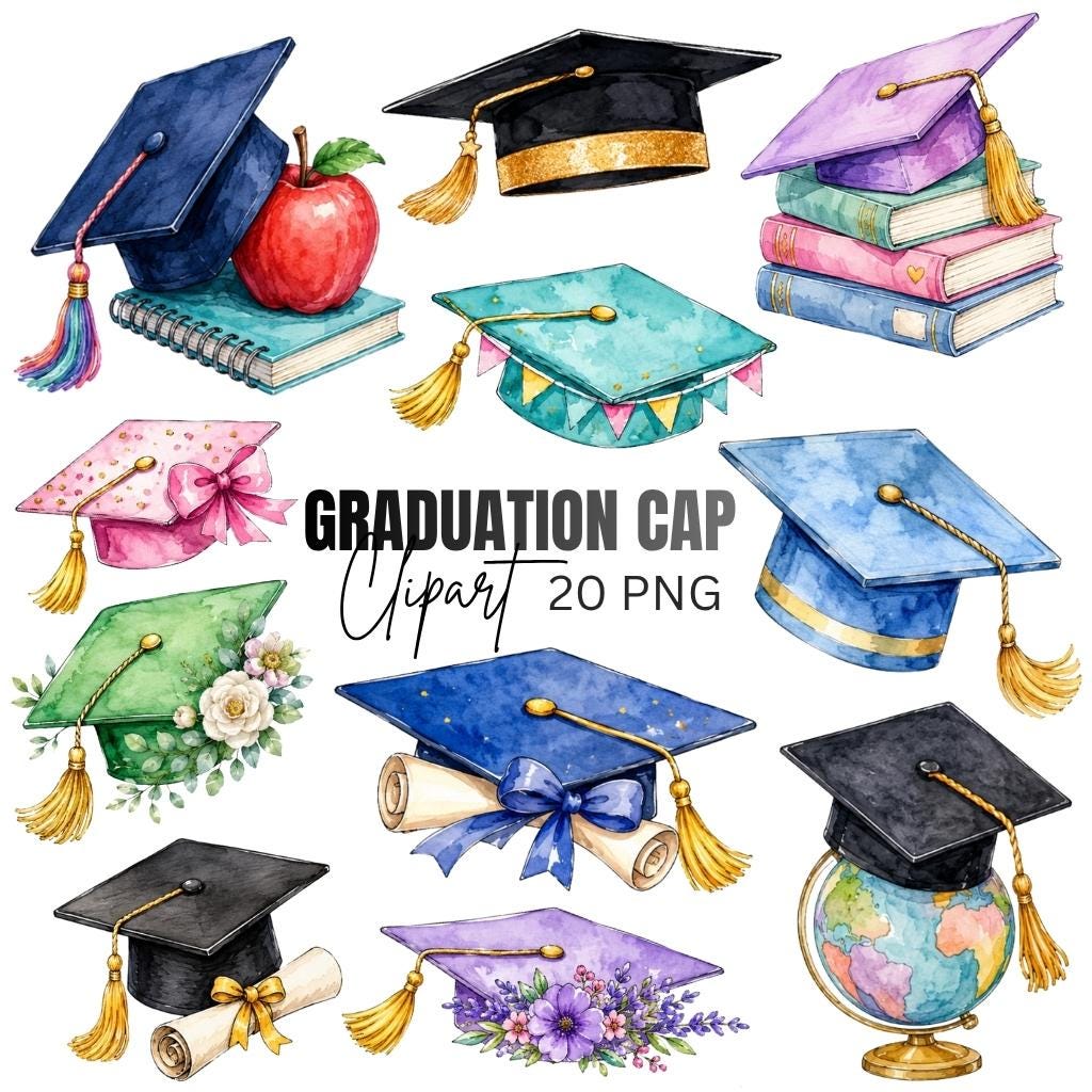 Watercolor Graduation Cap Clipart, School Graduate Graphics, Grad Hat ...