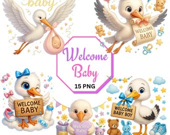 Welcome Baby Clipart: Stork, Nursery Art (PNG Digital Download)