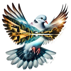 May include: A dove with a landscape reflected in its wings. The dove is flying with its wings spread wide. The landscape is a reflection of a lake with mountains and trees in the background.