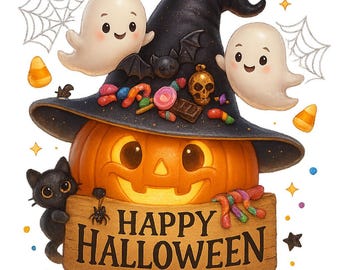 Halloween Pumpkin Clipart, Kawaii Ghosts, Black Cat (PNG)