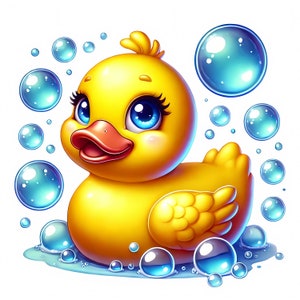 May include: A yellow rubber duck with large blue eyes and a wide smile, surrounded by blue bubbles. The duck is floating in a pool of water.
