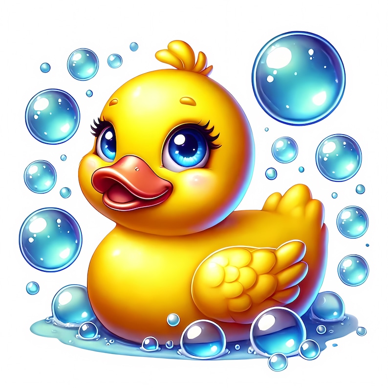 May include: A yellow rubber duck with large blue eyes and a wide smile, surrounded by blue bubbles. The duck is floating in a pool of water.