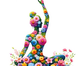 May include: A silhouette of a person in a yoga pose, formed by colorful flowers. The person is sitting with one leg extended and the other bent, with their arm raised in a gesture of peace. The flowers are in shades of pink, purple, blue, yellow, and green.