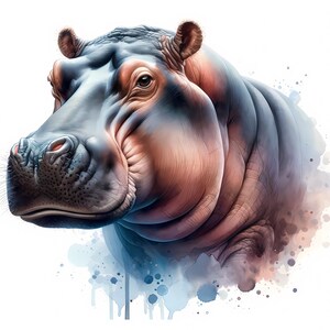 May include: A close-up of a hippopotamus's head and face. The hippopotamus has a large, wrinkled, gray and pink face with a wide, open mouth. The background is a watercolor wash of blue and white.
