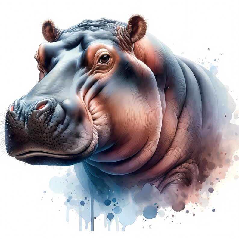 May include: A close-up of a hippopotamus's head and face. The hippopotamus has a large, wrinkled, gray and pink face with a wide, open mouth. The background is a watercolor wash of blue and white.