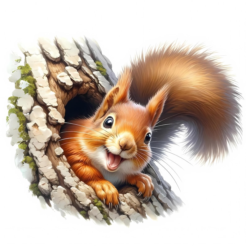 K&ouml;nnte beinhalten: Ein rotes Eichh&ouml;rnchen mit buschigem Schwanz schaut aus einem Baumstamm mit einem gl&uuml;cklichen Ausdruck. Das Fell des Eichh&ouml;rnchens ist leuchtend orange und seine Augen sind schwarz. Der Baumstamm ist braun und hat eine raue Textur.