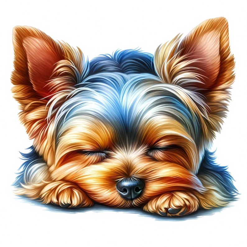 May include: A small Yorkshire Terrier dog with brown, black, and blue fur is sleeping with its eyes closed. The dog is lying on its side with its paws tucked under its body.