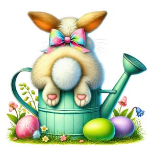 May include: A fluffy white bunny with pink ears and a pink and blue bow sits in a green watering can with three Easter eggs. The eggs are pink, green, and purple.