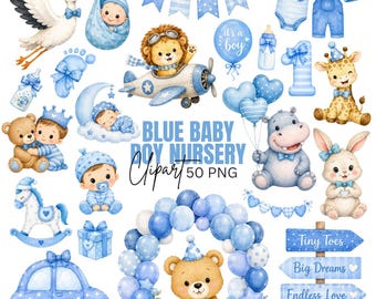 Blue Baby Boy Nursery Clipart, Watercolor Baby Shower Graphics (Digital Download) 50 PNG