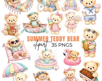 Summer Teddy Bear Clipart, Watercolor Teddies Beach Graphics, Nursery Art (Digital Download) 35 PNGs