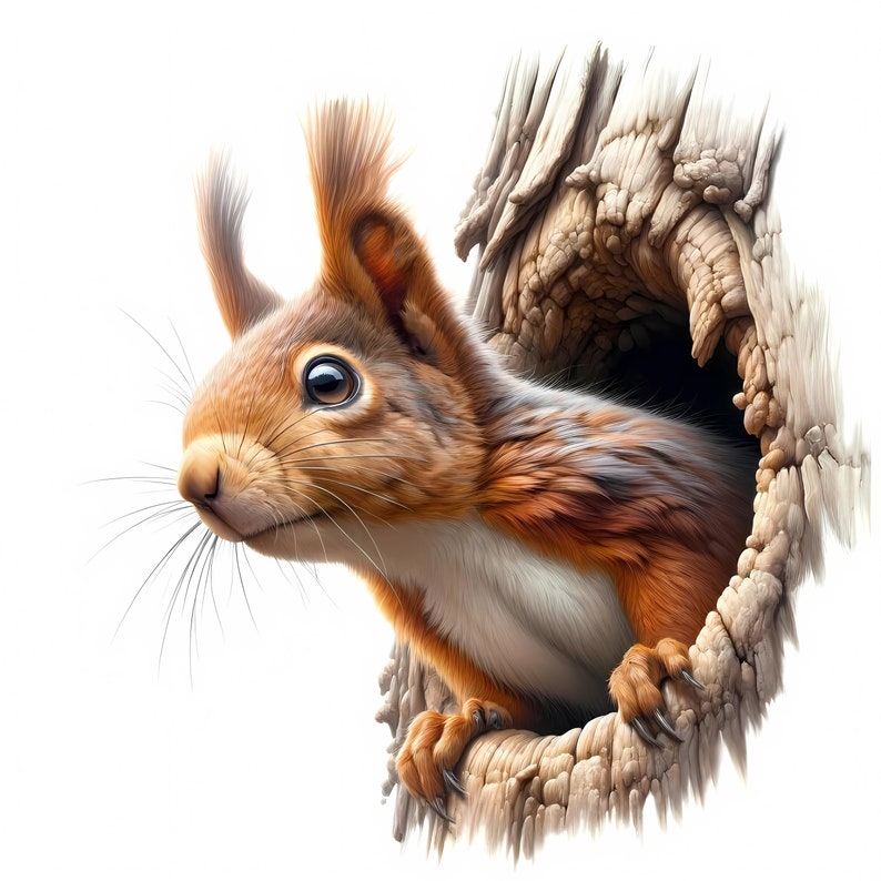 K&ouml;nnte beinhalten: Ein rotes Eichh&ouml;rnchen schaut aus einem Baumstamm, Kopf und Vorderpfoten sind sichtbar. Das Eichh&ouml;rnchen hat einen buschigen Schwanz und einen wei&szlig;en Bauch.
