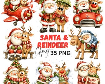 Christmas Clipart: Santa & Reindeer Graphics, Whimsical Festive Holiday Decor (Digital Download) 35 PNG