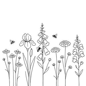 Clipart di fiori stilizzati, grafica di fiori disegnati a mano, farfalle, api, colibrì, 12 PNG/JPG