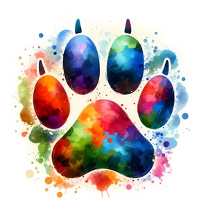 K&ouml;nnte beinhalten: Ein farbenfrohes Aquarellbild eines Pfotenabdrucks. Der Pfotenabdruck ist in Schwarz umrandet und mit Schattierungen von Rot, Orange, Gelb, Gr&uuml;n, Blau und Lila gef&uuml;llt.