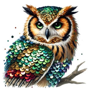 May include: A colorful owl with iridescent green, blue, and gold sequins covering its body. The owl has large, round, green eyes and a brown and white face.