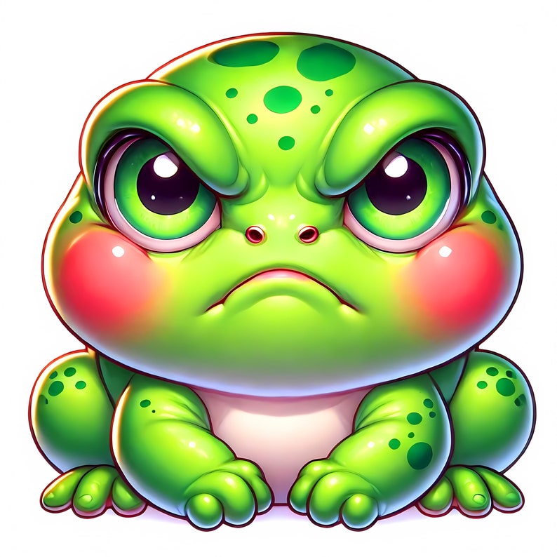 Puede incluir: Una rana de dibujos animados verde con una expresi&oacute;n gru&ntilde;ona, ojos grandes y mejillas rosadas. La rana est&aacute; sentada con los brazos cruzados y tiene una expresi&oacute;n seria.