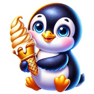 May include: A cartoon penguin with a black and white body and orange feet holds a yellow and white ice cream cone.