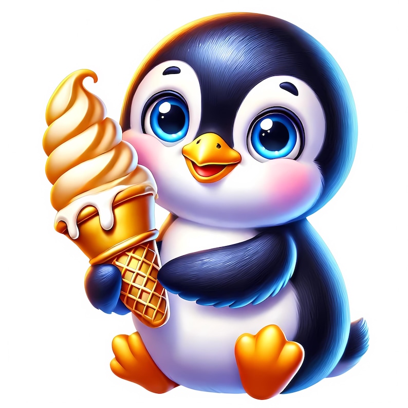 May include: A cartoon penguin with a black and white body and orange feet holds a yellow and white ice cream cone.