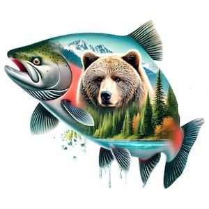 May include: A salmon with a bear's head inside, surrounded by a forest scene. The salmon is swimming through a blue and green water with a mountain range in the background.